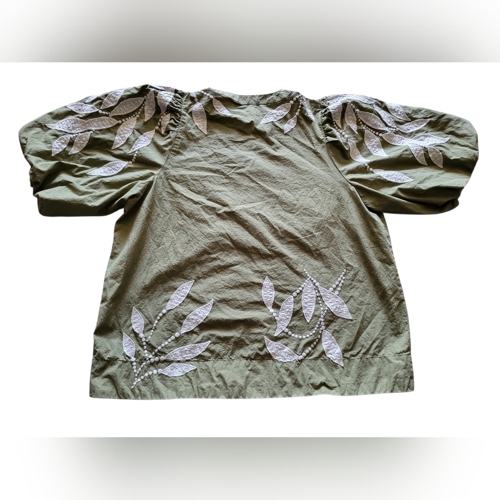 Pre-owned Anthropologie Puff-Sleeve Embroidered Blouse Top Women Sz M Green - Picture 9 of 9